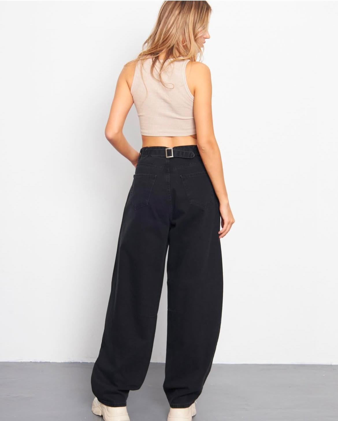 Yüksek Bel Tokalı Siyah Baggy Pantolon