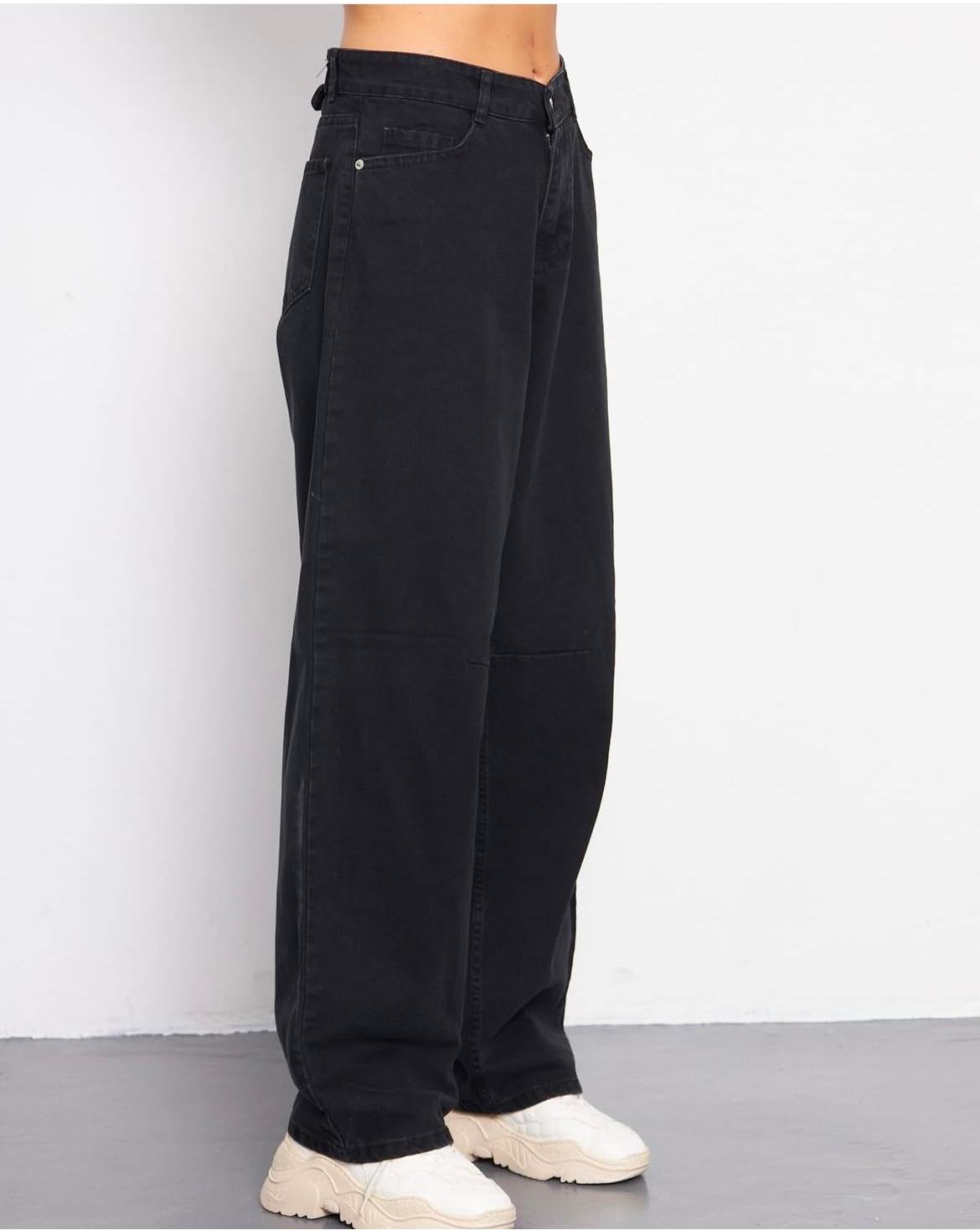 Yüksek Bel Tokalı Siyah Baggy Pantolon